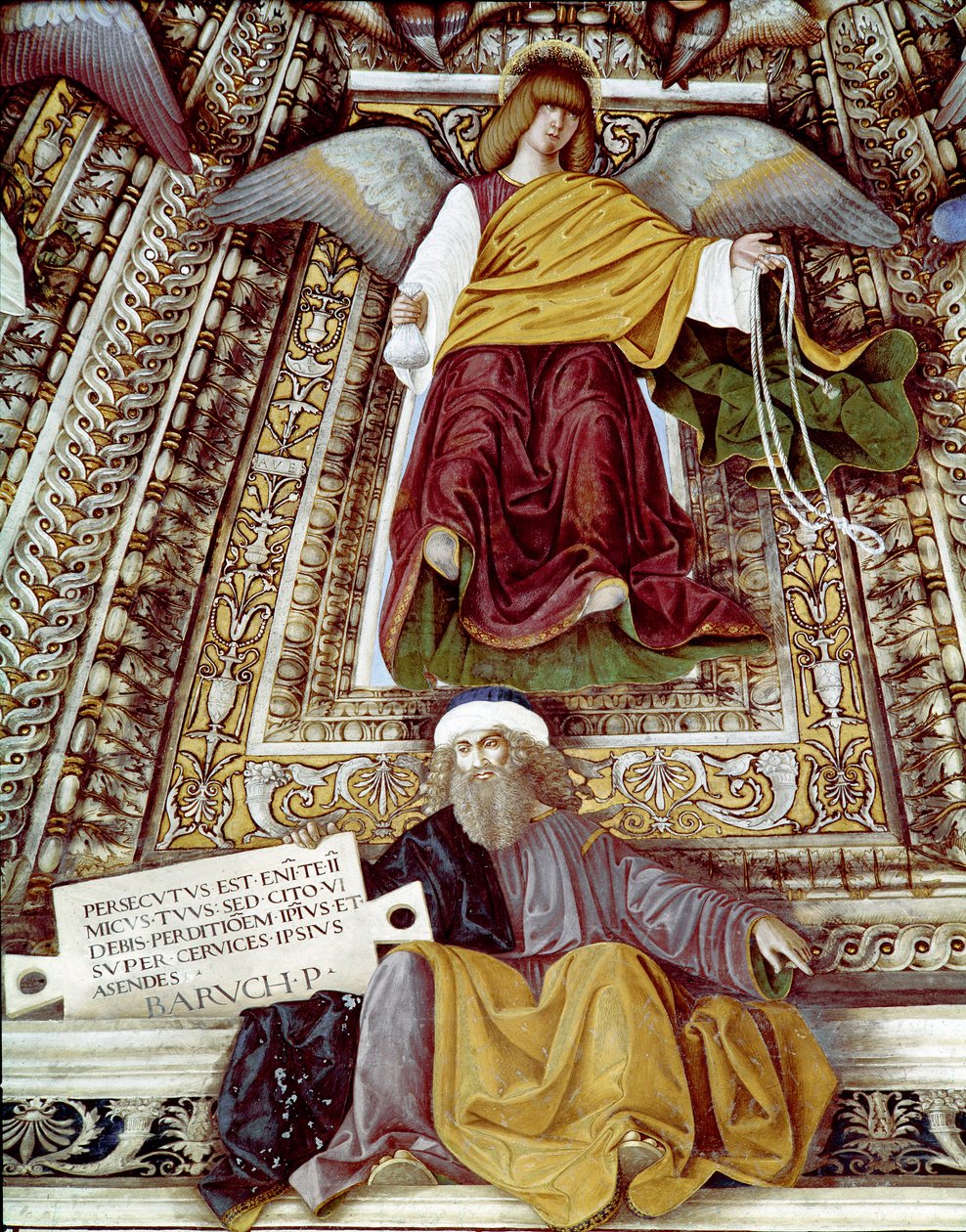 Representation av Baruch (Baruch ben Neria) lärjunge till Jeremiah och en ängel Fresco av Melozzo da Forli (Melozzo degli Ambrosi) (1438-1494) Kupolen av sakristian av Sankt Markus (Marco), helgedomen för santa casa, Loreto av Melozzo da Forli