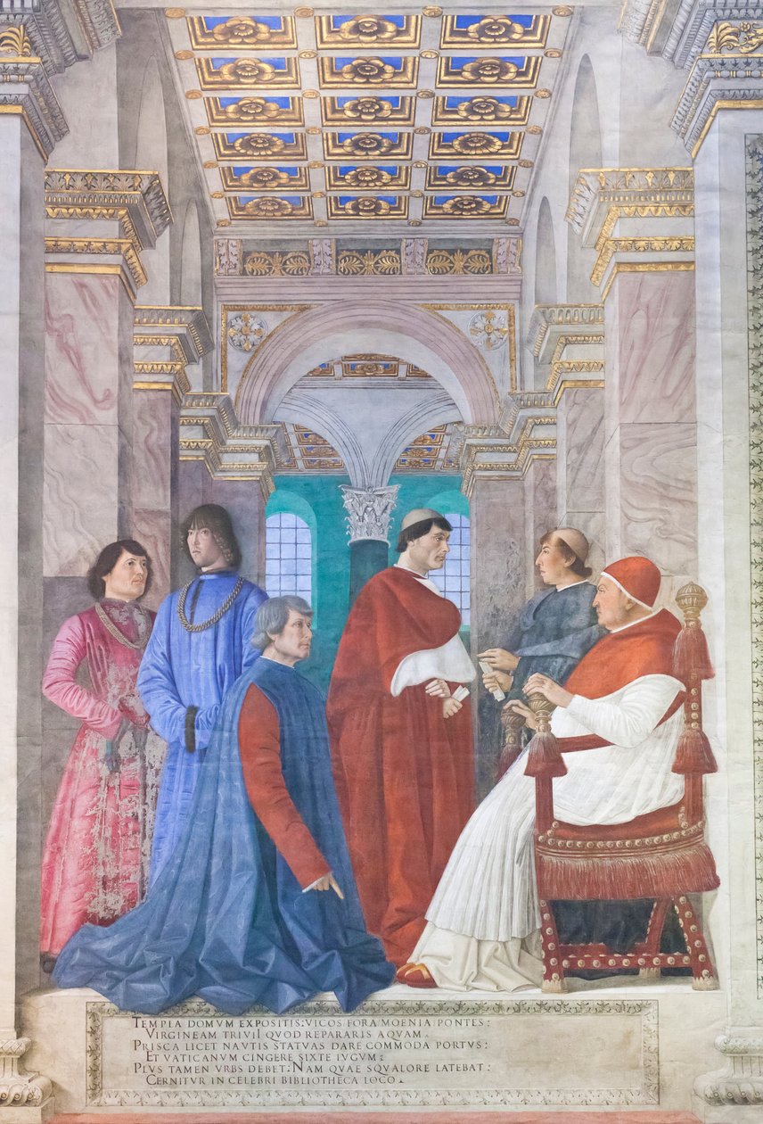 Sixtus IV utser Platina till prefekt för Vatikanens bibliotek av Melozzo da Forli