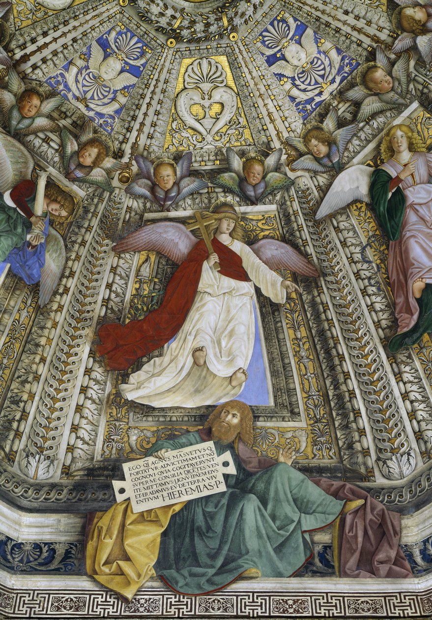 Profeten Jeremia och en ängel, kupolen på sakristian i Sankt Markus, Santuario della Santa Casa, Loreto, ca 1477-93 (fresk) av Melozzo da Forli