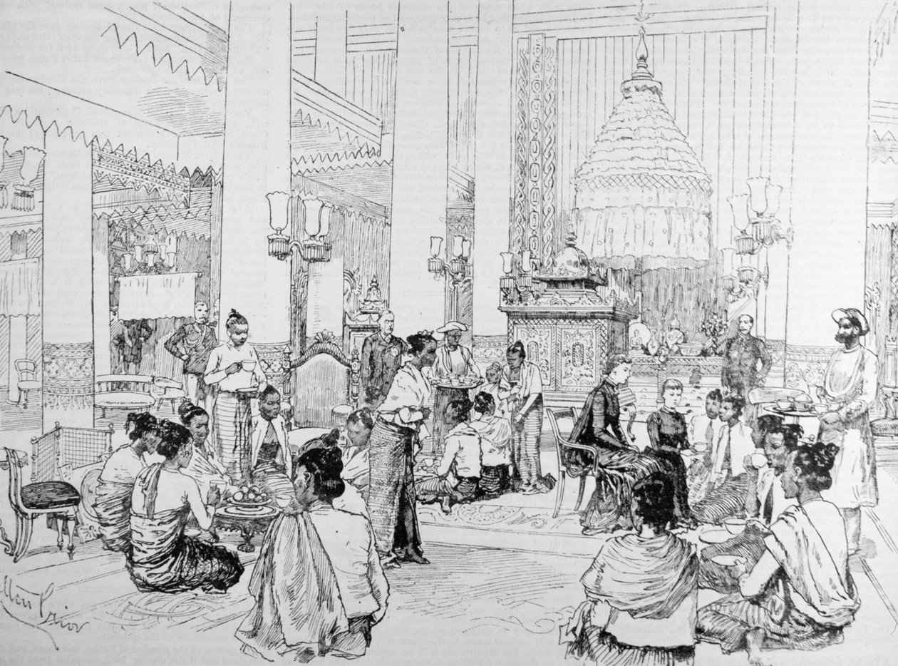 Indiens vicekung i Burmah: Burmesiska damer tar te med Lady Dufferin i palatset i Mandalay, från 