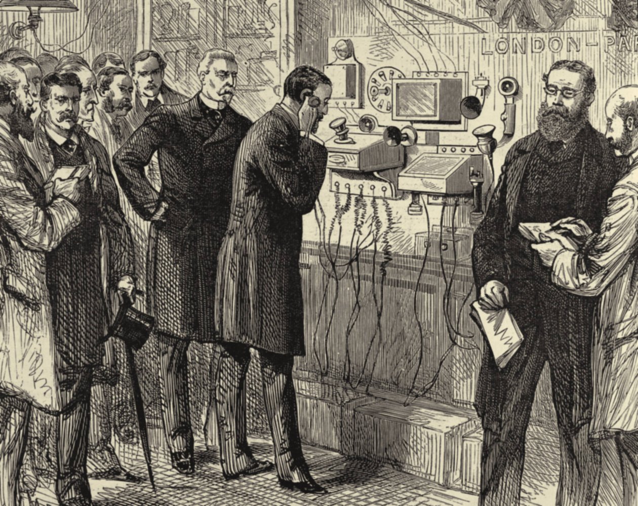 Öppnande av den anglo-engelska telefonlinjen. Det första telefonsamtalet mellan London och Paris på General Post Office i London. Bell-instrument användes i London-änden. Trägravyr Paris 28 mars 1891. Gravyr. av Melton (after) Prior