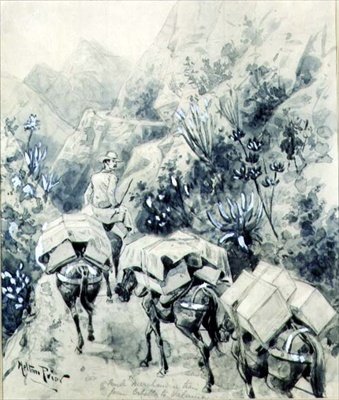Trekking, Mule Merchandise Train från Cabello till Valencia (akvarell på papper) av Melton Prior