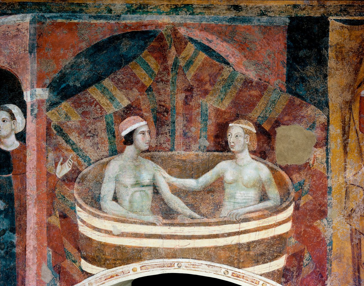 Scen för äktenskapligt liv under medeltiden. Ett par som gör sin toalett i en soptunna. Detalj. (fresk, tidigt 1300-tal) av Memmo di Filippuccio
