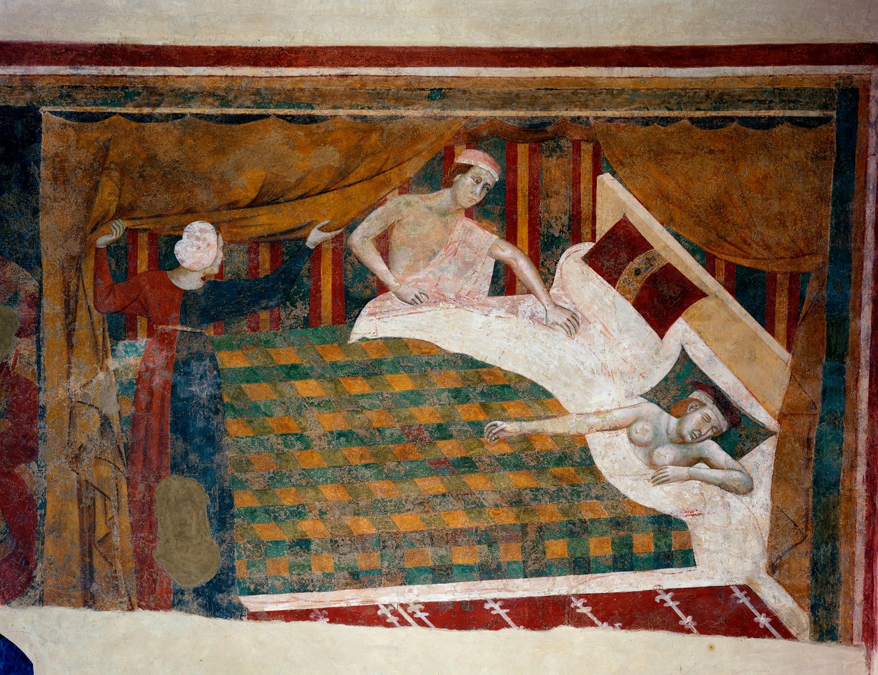Scen för äktenskapligt liv under medeltiden. En man går med sin fru och sover naken i sängen. Detalj. (fresk, tidigt 1300-tal) av Memmo di Filippuccio