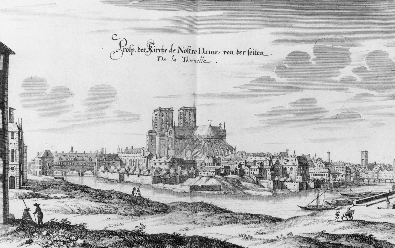 Vy från Seine vänstra strandbank mot Ile de la Cite och Notre Dame, från "Topographia Galliae" av Martin Zeiller, publicerad 1655-61. av Merian
