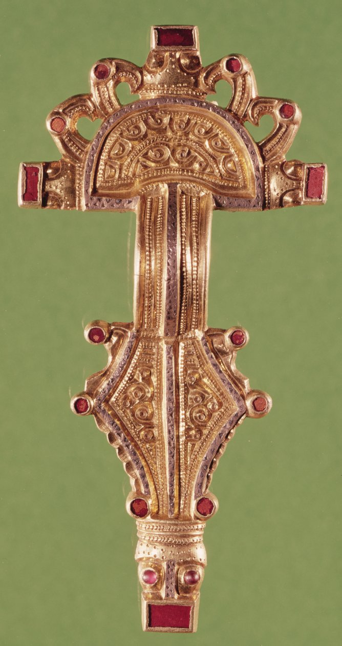 Fibula med fågelhuvuden med spetsiga näbbar, från Douvrend, Seine-Maritime (guld och emalj) av Merovingian