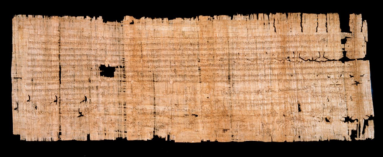 Merovingerperiod: manuskript av juridiskt dokument på papyrus som bekräftar immunitetsprivilegiet som beviljades av kungen av Neustrien Clovis II (633-657) till klostret Saint Denis den 22/06/654. Sol. 0,93x0,34 m Paris, archives nationales av Merovingian