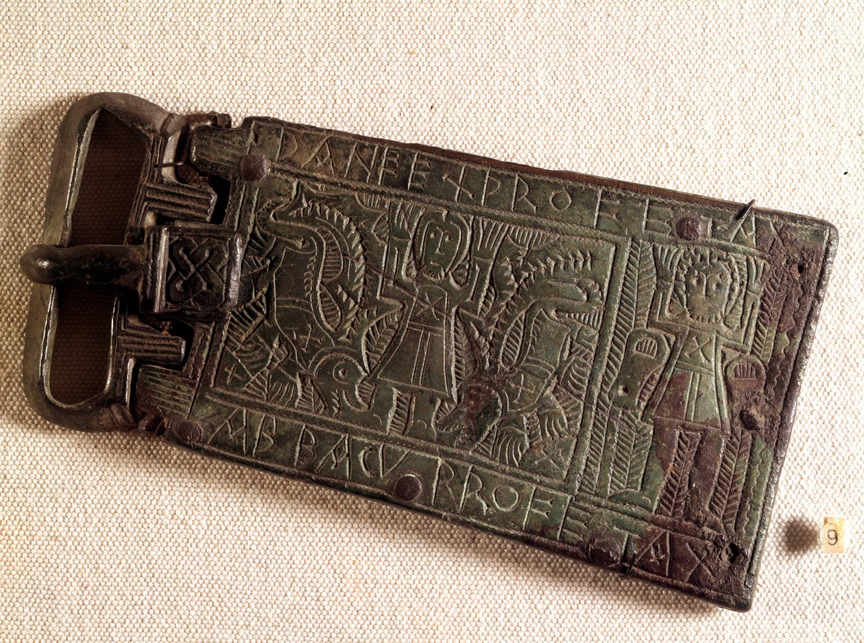 Merovingerkonst: Bältesspänne i brons från det burgundiska kungariket (barbariska människor) som föreställer Daniel i lejongropen. 550-626. Från Franche-Comte. National Museum of Archaeology, Saint Germain en Laye av Merovingian Merovingian