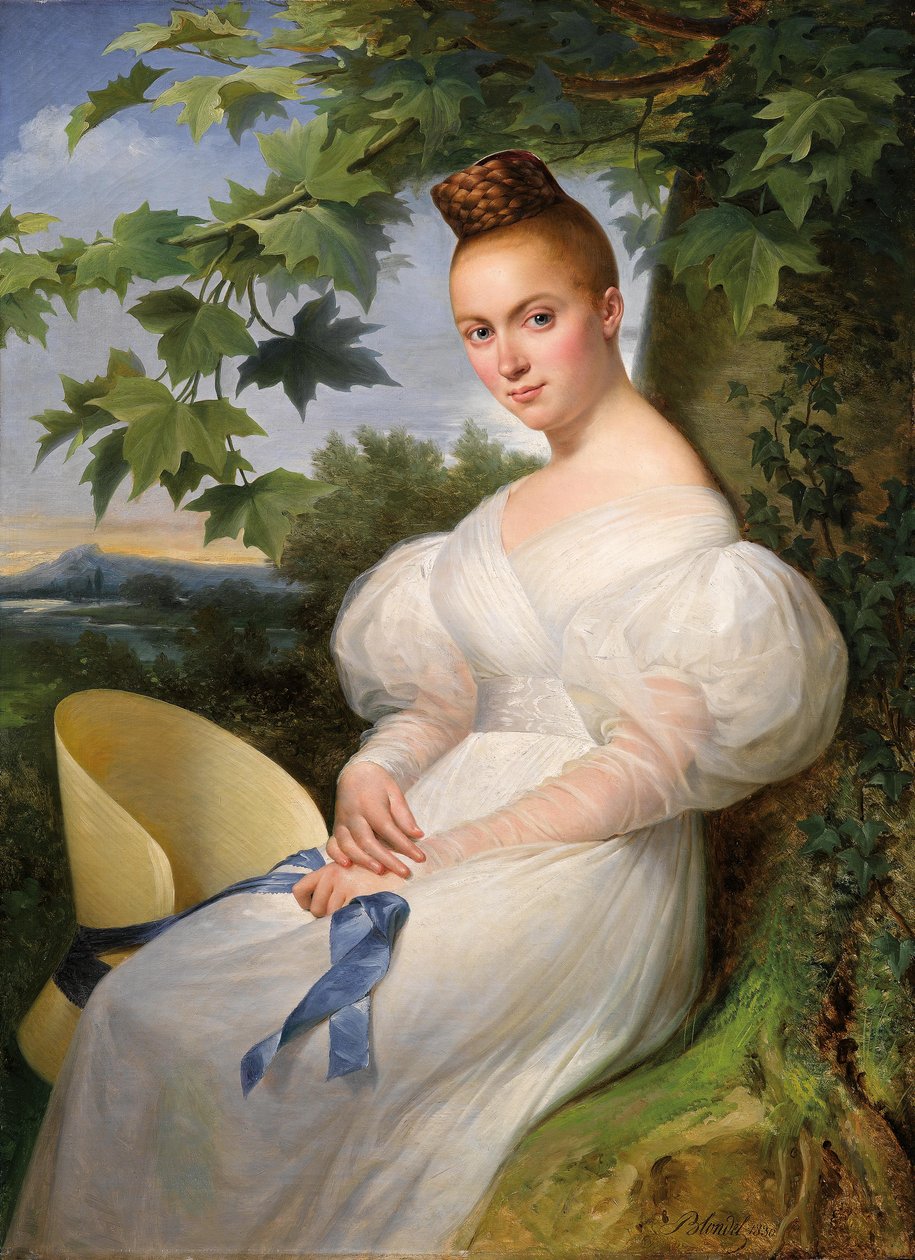 Porträtt av en ung kvinna med en halmhatt av Merry Joseph Blondel
