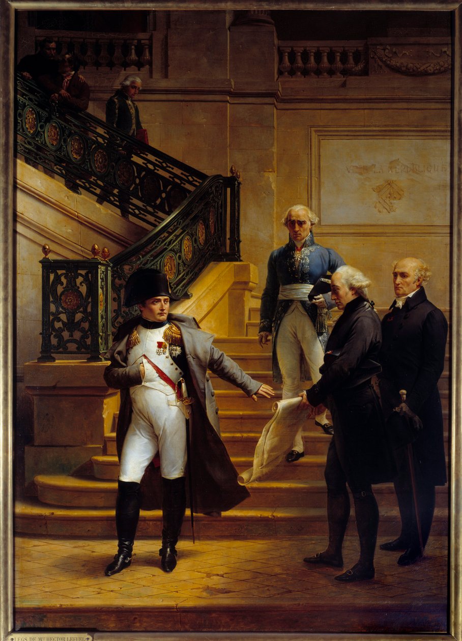 Kejsar Napoleon I (1769-1821) besöker Palais-Royal, säte för Tribunatet, och vägrar planerna från arkitekterna Beaumont och Fontaine den 5/08/1807, Målning av Merry Joseph Blondel (1781-1853) 1834 Sön. 2,27x1,63 m Palais Royal, Paris - Kejsaren Napo av Merry Joseph Blondel