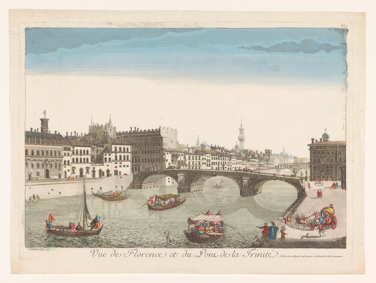 Utsikt över Ponte Santa Trinita över floden Arno i Florens Vue de Florence et du Pont de la Trinité (titel på objekt) av Mesard