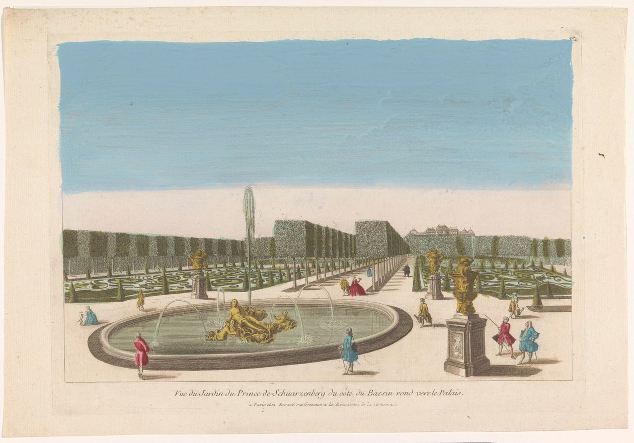 Utsikt över fontänen i trädgården på Palais Schwarzenberg i närheten av staden Wien Vue du jardin du prince de Schwarzenberg du côte du bassin rond vers le palais (titel på objekt) av Mesard