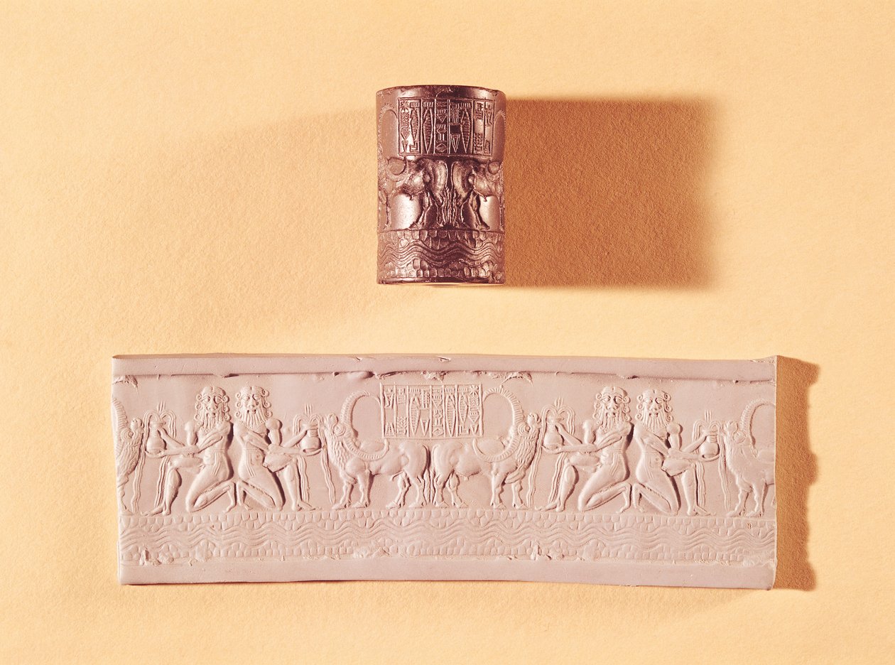 Akkadiskt cylindersigill och avtryck av Shar-kali-sharri (c.2217-c.2193 BC) kung av Akkad, Mesopotamien, c.2340-2100 BC (marmor). av Mesopotamian