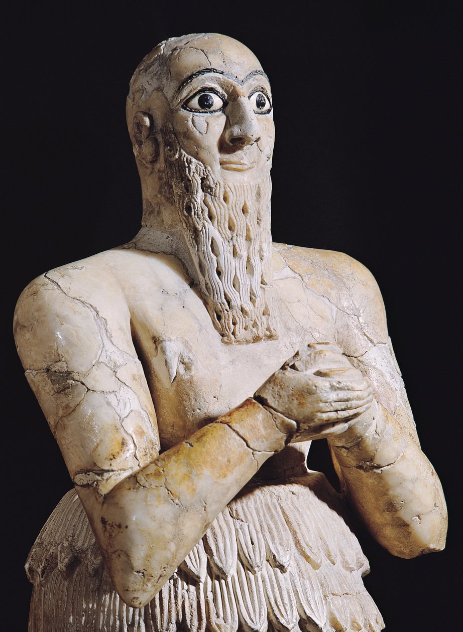 Detalj av en staty av Itur-Shamagen, kung av Mari, vid bön, från Mari, Mellersta Eufrat, 2800-2300 f.Kr. alabaster av Mesopotamian