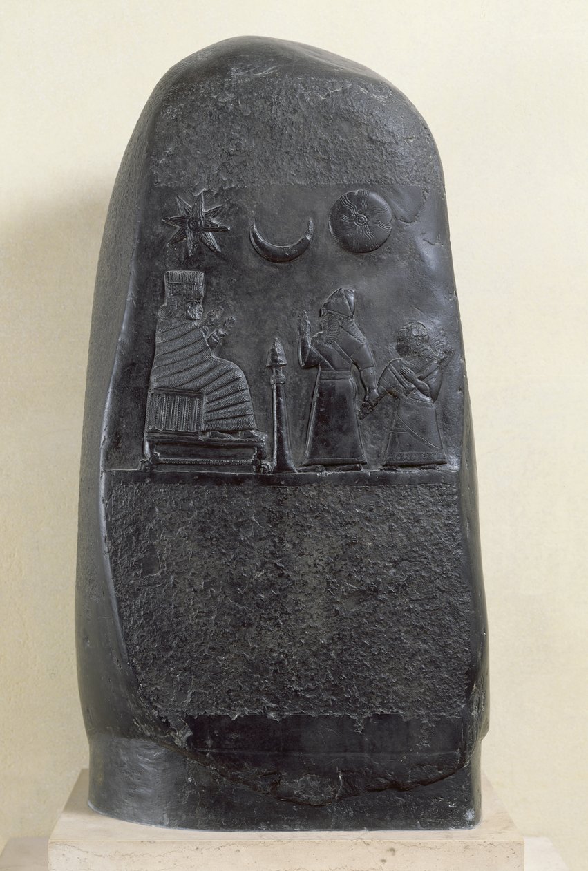 Kudurru av kung Melishikhu II som visar kungen presentera sin dotter för en gudinna, från Babylon (kalksten) av Mesopotamian