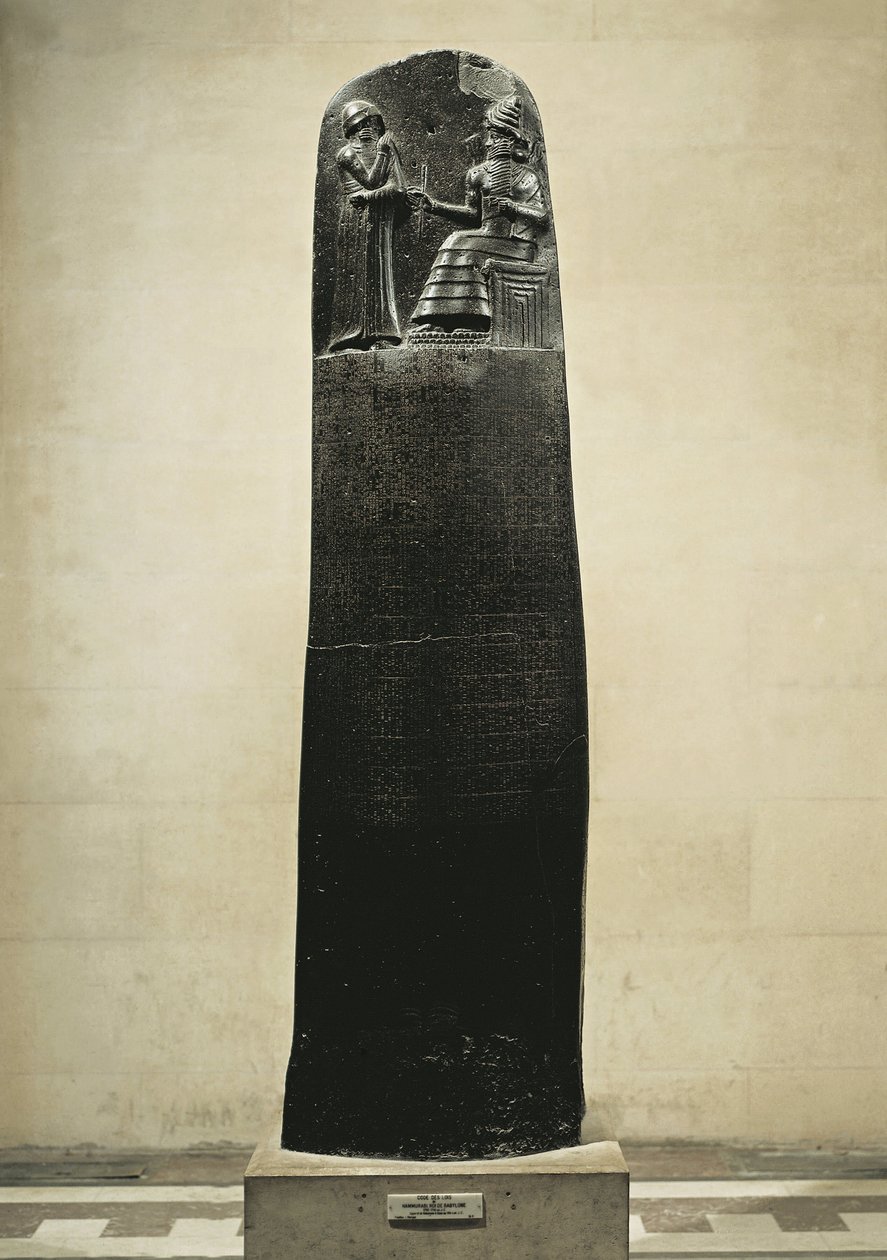 Hammurabis kod: guden Shamash dikterar sina lagar till Hammurabi, kung av Babylon, funnen i Susa, Iran, ca 1750 f.Kr. (basalt) av Mesopotamian