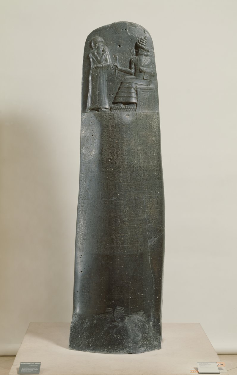 Hammurabis lagbok: guden Shamash dikterar sina lagar till Hammurabi, Babylons kung, hittad i Susa, Iran, ca 1750 f.Kr. (diorit) (för detaljer se 69507). av Mesopotamian