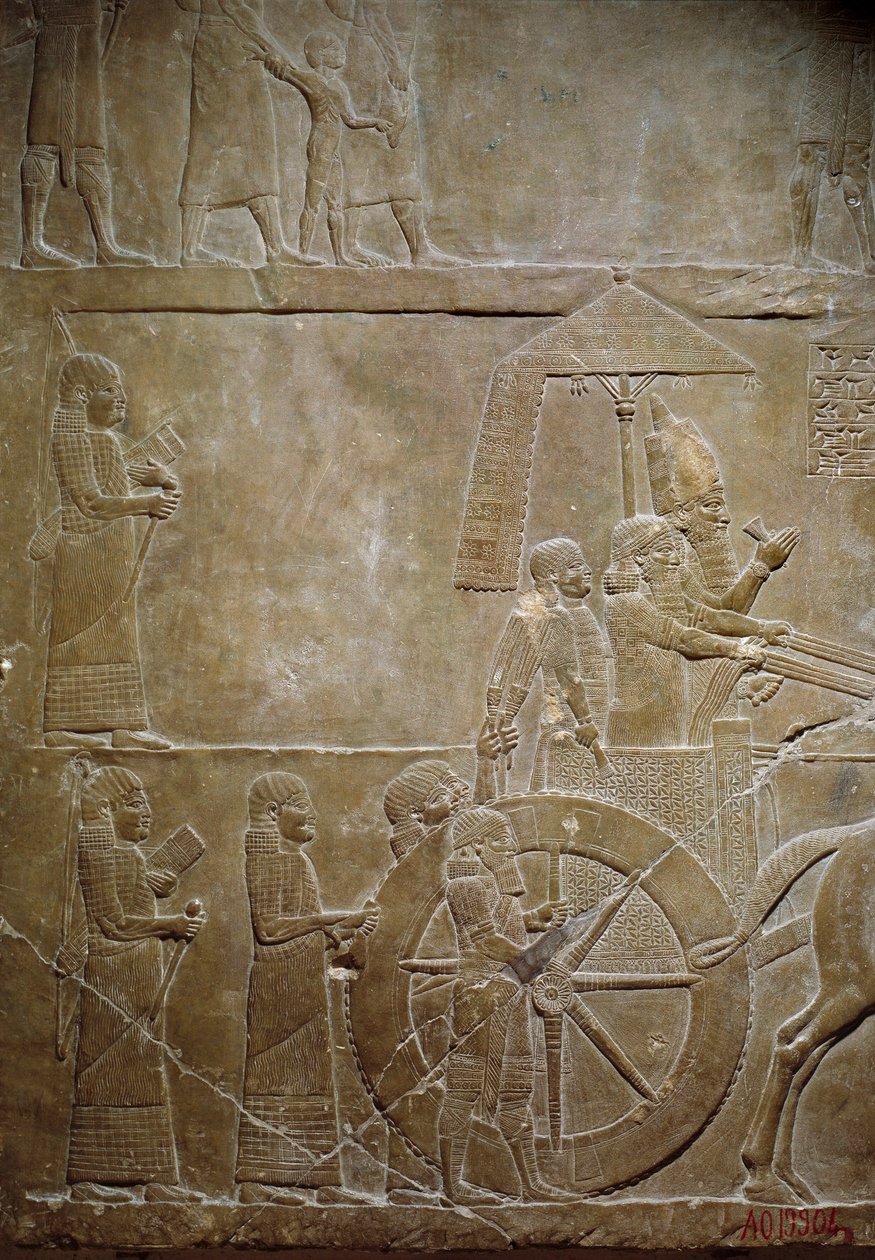 Mesopotamien: Elams kampanj: Assurbanipal på sin tank och elamitiska fångar. Lågrelief i albaster från kung Assurbanipals (eller Ashurbanipals) palats (668-627 f.Kr.). 645 f.Kr. Från Nineve. Paris, Louvren av Mesopotamian