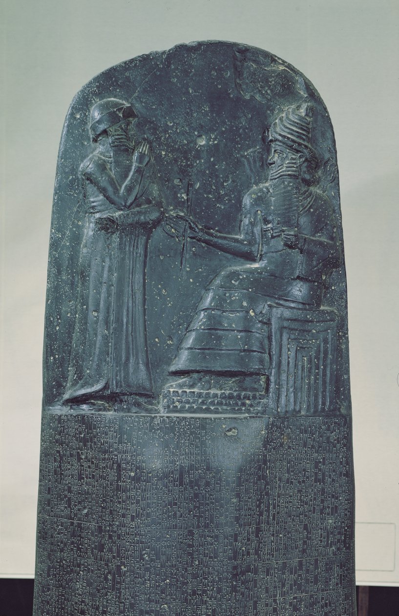Relieffigur av solguden Shamash som dikterar sina lagar till kung Hammurabi på hans berömda lagbok, gammal babylonisk tid, 1760 f.Kr. (basalt) av Mesopotamian