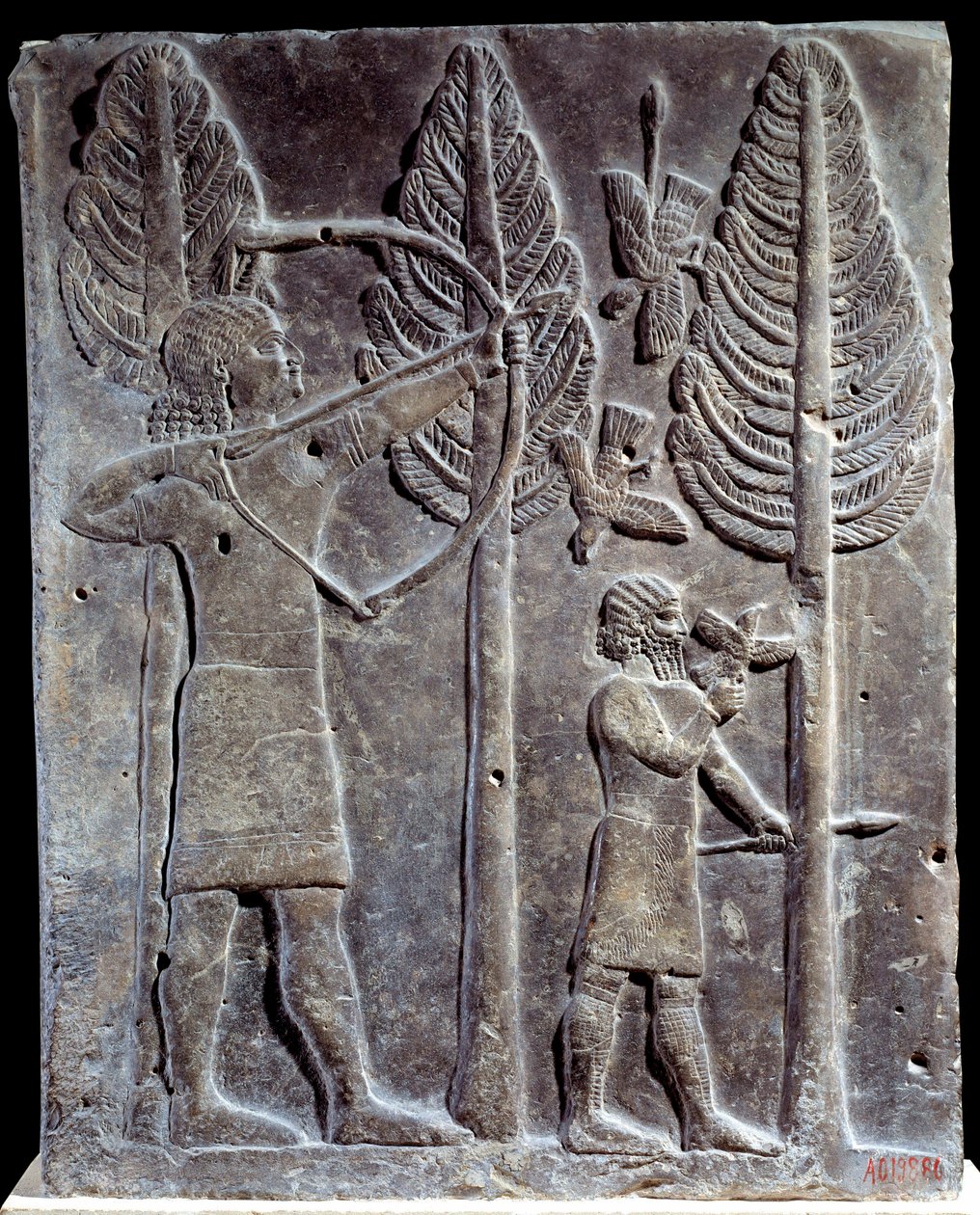 Fågeljaktsscen. Lågrelief i albaster från Palace of Sargon II eller Sharroukin, kung av Assyrien till Khorsabad (Khunsabad) (Mesopotamien), Irak. 722-705 f.Kr. Paris. Louvren av Mesopotamian Mesopotamian