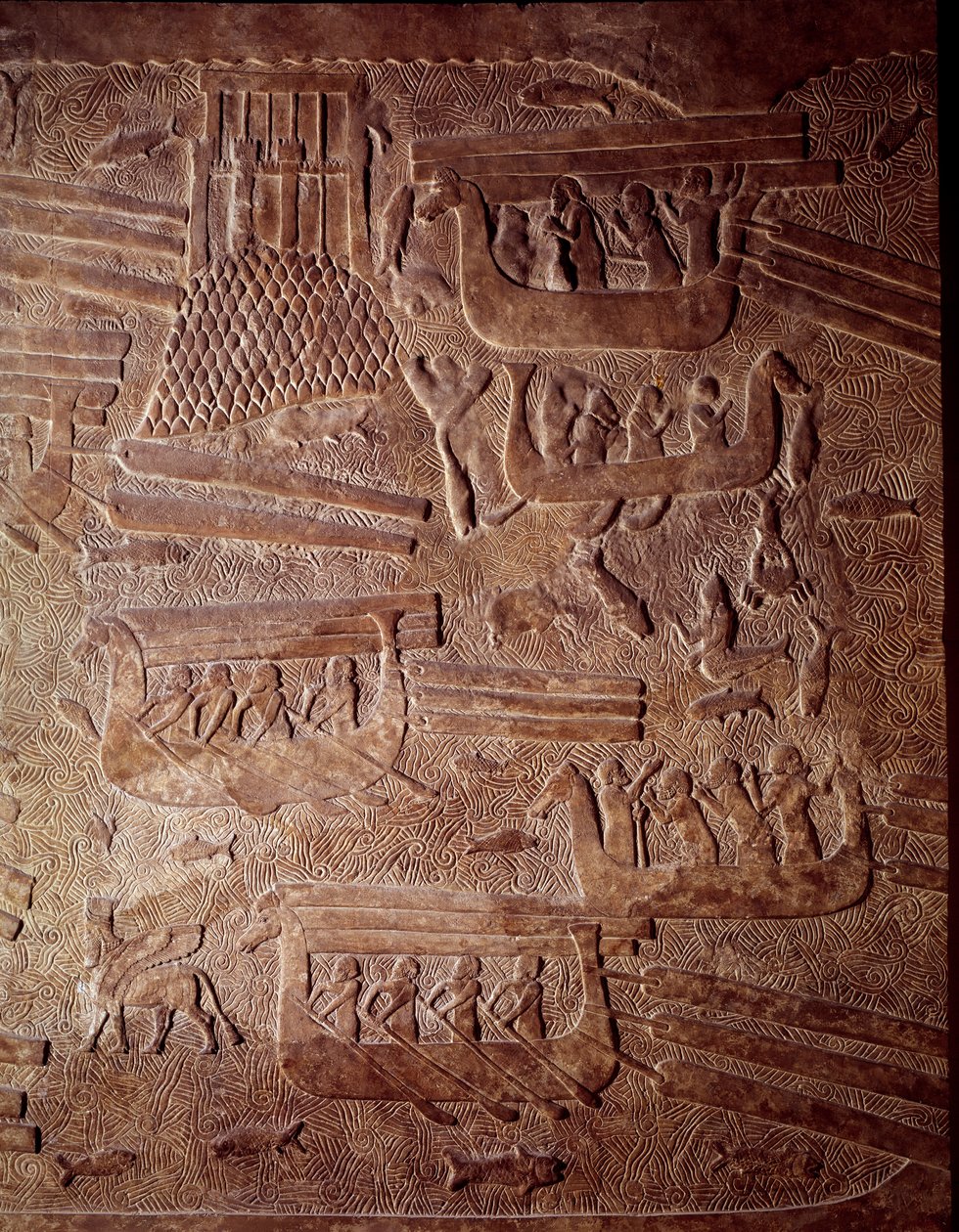Mesopotamien: maritim scen som representerar transporten av timmer till Libanon. Detalj av en lågrelief albaster från Khorsabad (Khunsabad). Regne av Sargon II. 710 f.Kr. Paris, Louvren av Mesopotamian Mesopotamian