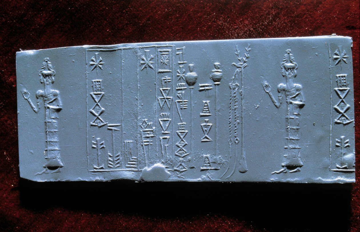 Orientalisk konst: sigill av läkaren Ur-Lugal (Ur Lugal, 3:e årtusendet f.Kr.), antik från Asien. Louvren av Mesopotamian Mesopotamian