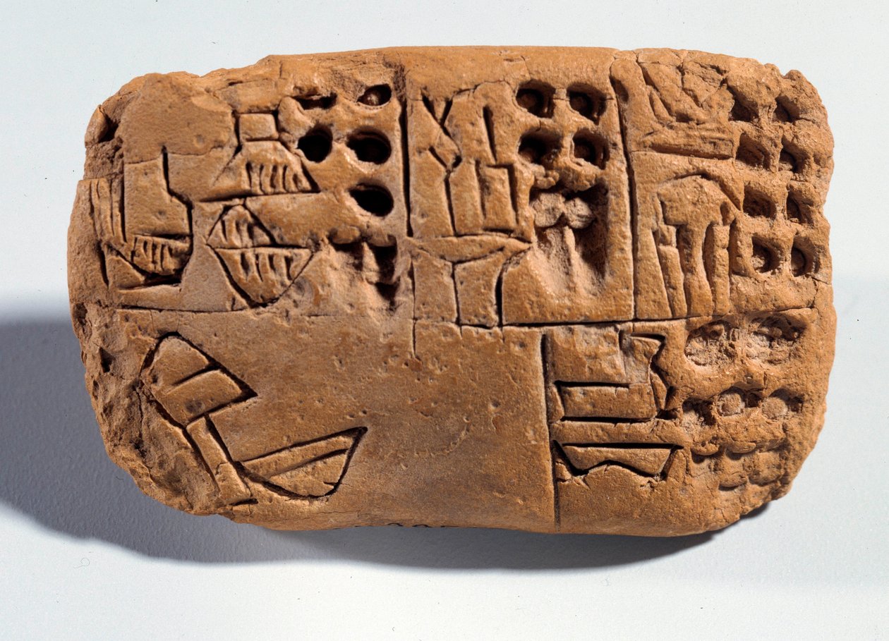Mesopotamien: råjordstavla med kilskriftsskrift. Region Sumer. 3300 f.Kr. Paris, Louvren av Mesopotamian School