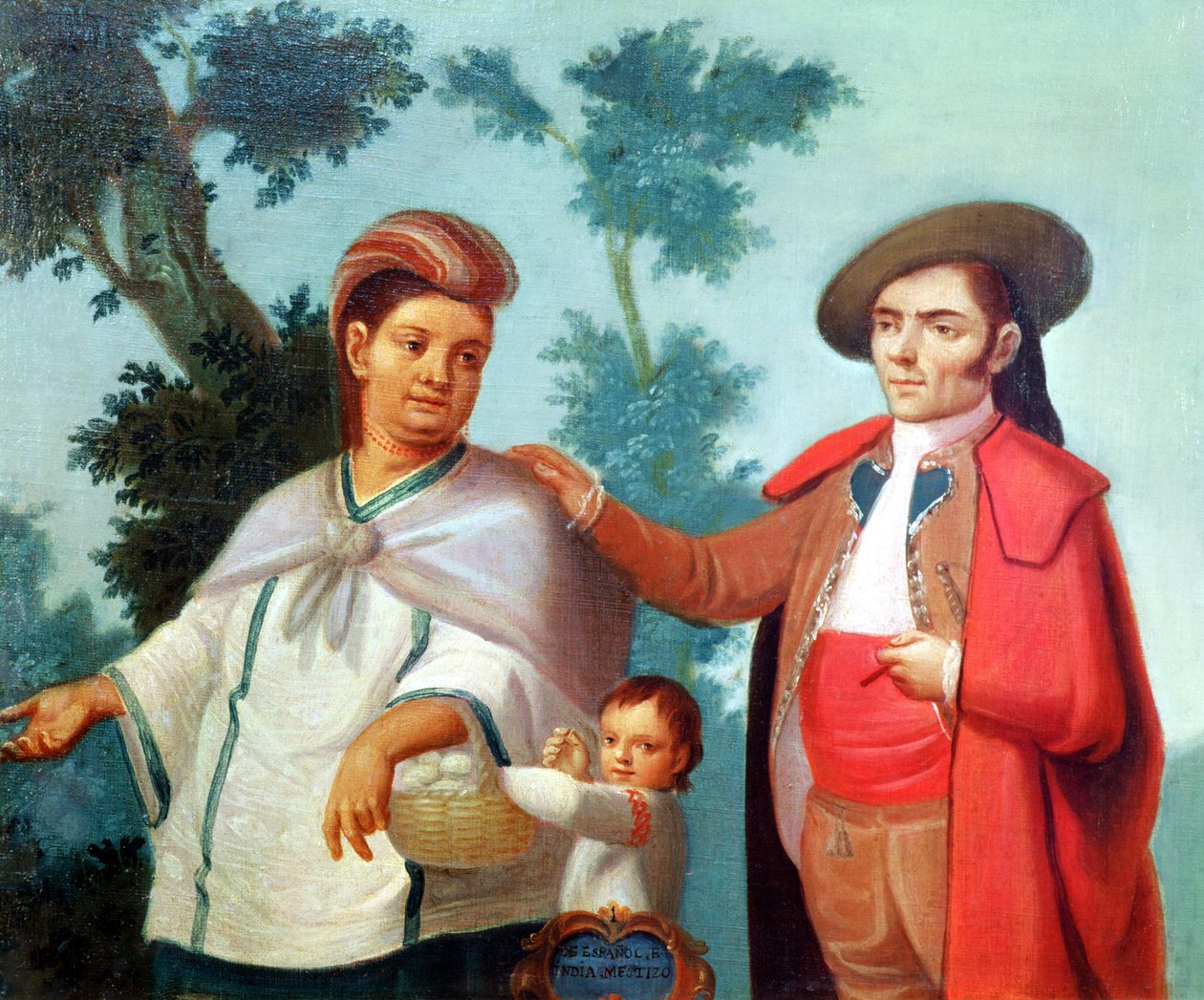 En spanjor och hans mexikanska indiska fru, illustration av blandrasäktenskap i Mexiko av Mexican School