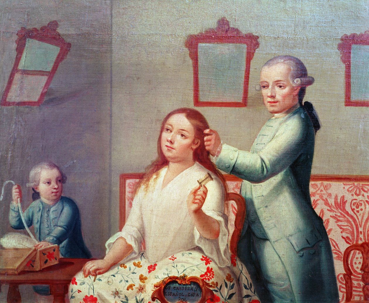 En spansk man och hans renrasiga mexikanska fru, från en serie om blandrasäktenskap i Mexiko av Mexican School