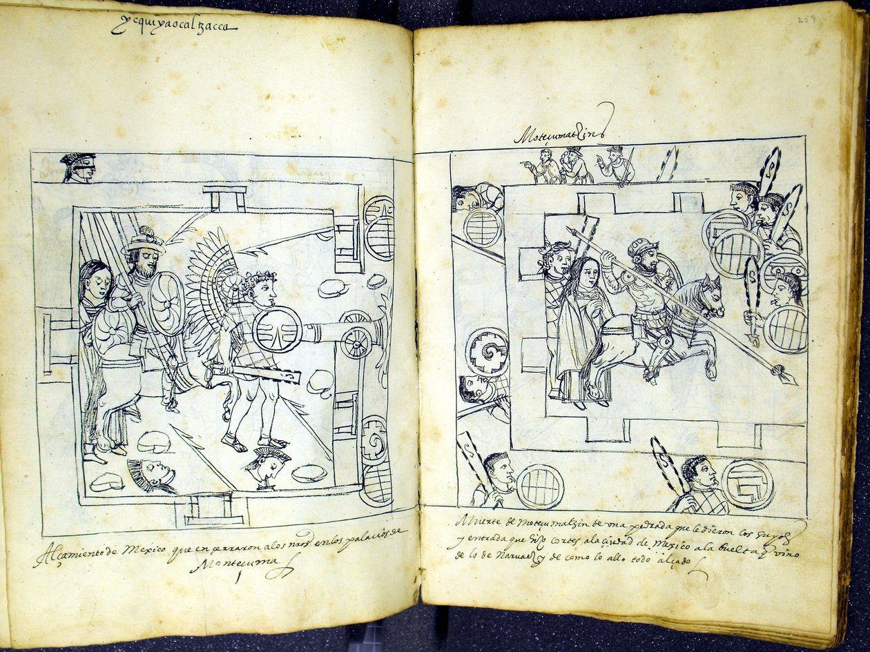 Ms Hunter 242 f.258v och f.259r, från "Historia de Tlaxcala" av Diego Munoz Camargo av Mexican School