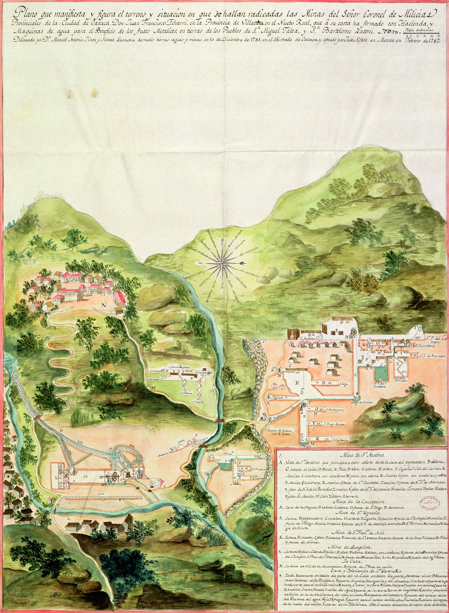 Plan of the Mines of Oaxaca, Mexico, 1785-87 (penna och bläck och wc på papper) av Mexican School
