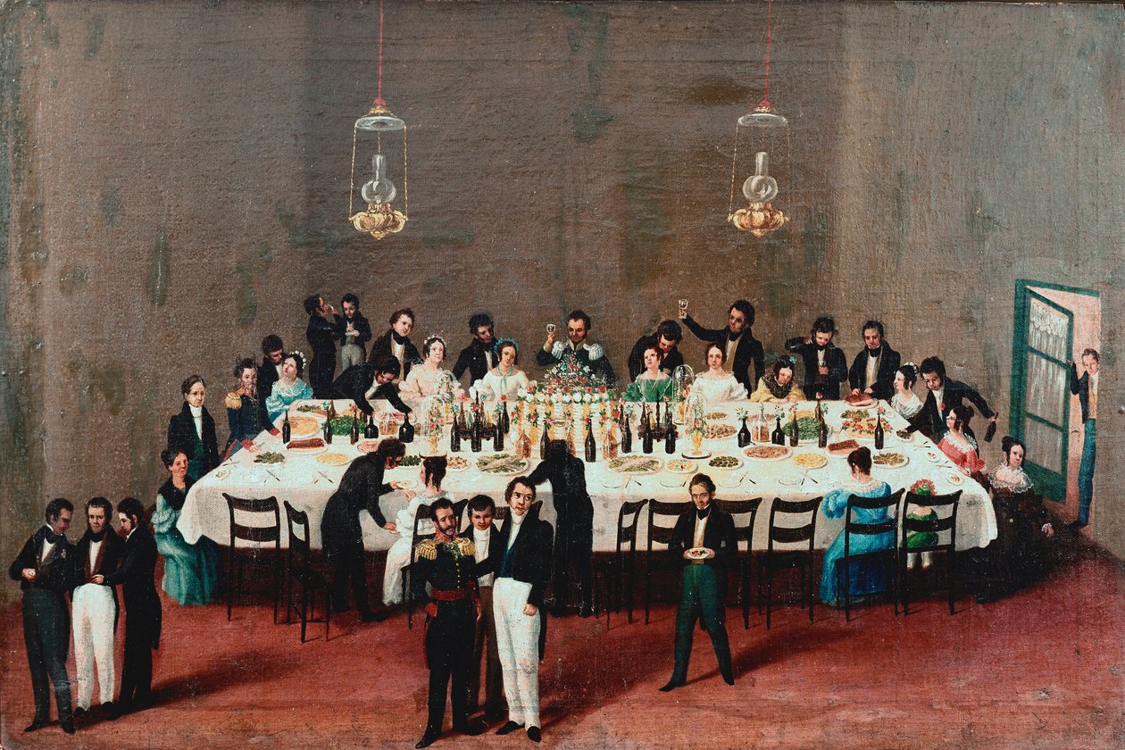 Bankett till ära av general Antonio Leon i Oaxaca, Mexiko Målning av den mexikanska populära skolan på 1800-talet. Mexico City, National Historic Museum av Mexican School