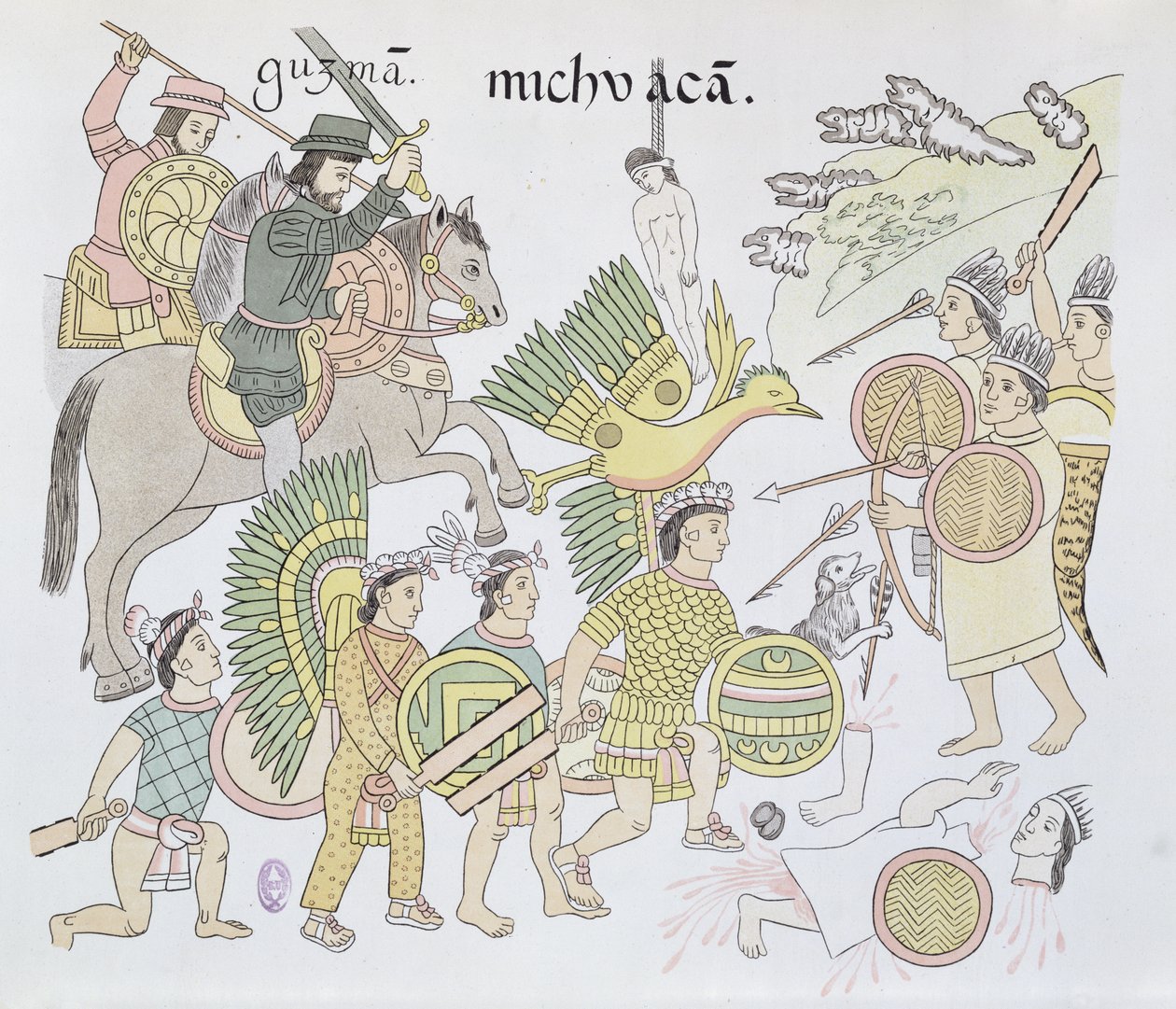 Slaget vid Michoacan mellan spanjorerna och aztekerna, illustration från en faksimil av en mexikansk indisk bildhistoria Lienzo de Tlaxcala ca 1550, 1892 av Mexican School