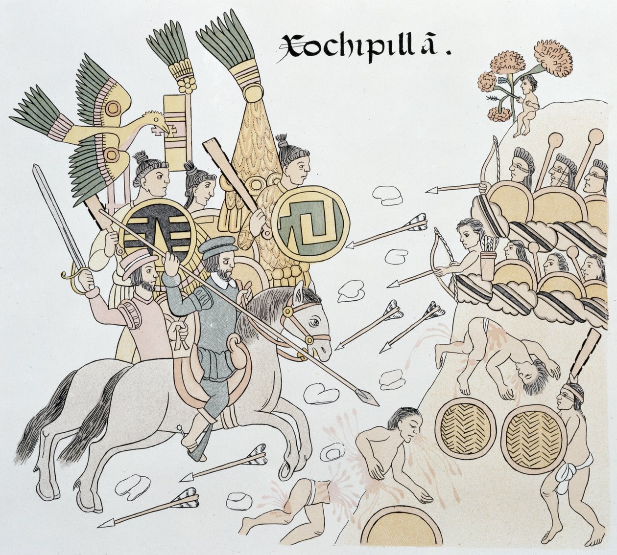 Slaget vid Xochipilla mellan spanjorerna och aztekerna, illustration från en faksimil av en mexikansk indisk bildhistoria Lienzo de Tlaxcala ca 1550, 1892 av Mexican School