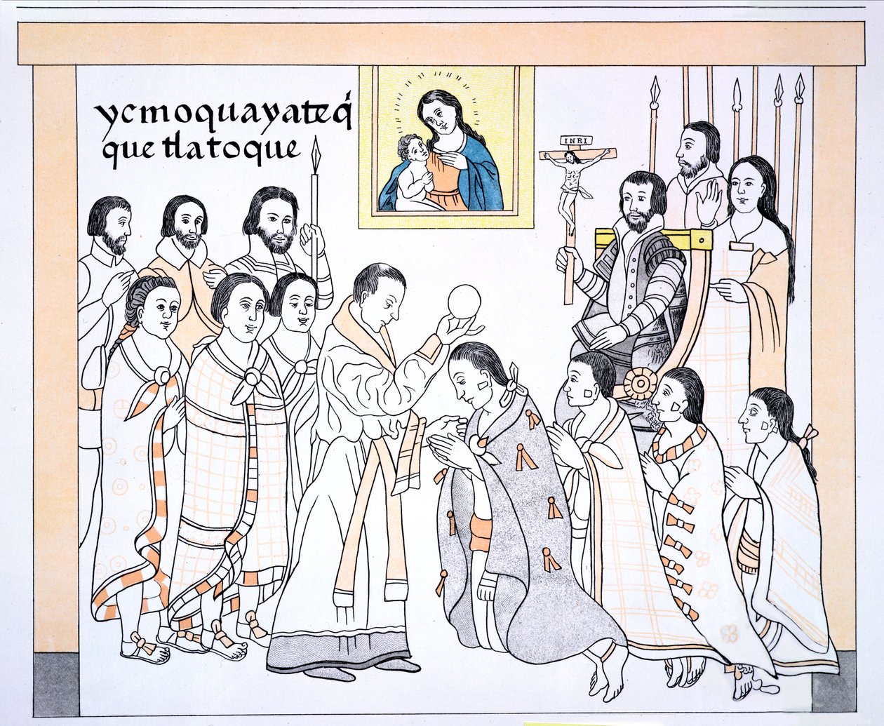 Caciques som tar emot nattvarden av en präst i Hernando Cortes hus (1485-1547), illustration från en faksimil av en mexikansk indisk bildhistoria Lienzo de Tlaxcala från ca 1550, 1892 (upplyst i färg av Mexican School