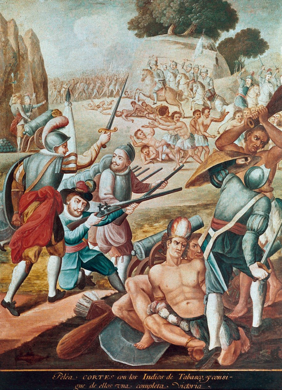 Erövringen av Mexiko: strid mot Hernando Cortes (Hernan Cortez) (1485-1547) till indianerna i Tabasco 1519"" Målning av den mexikanska skolan av Mexican School