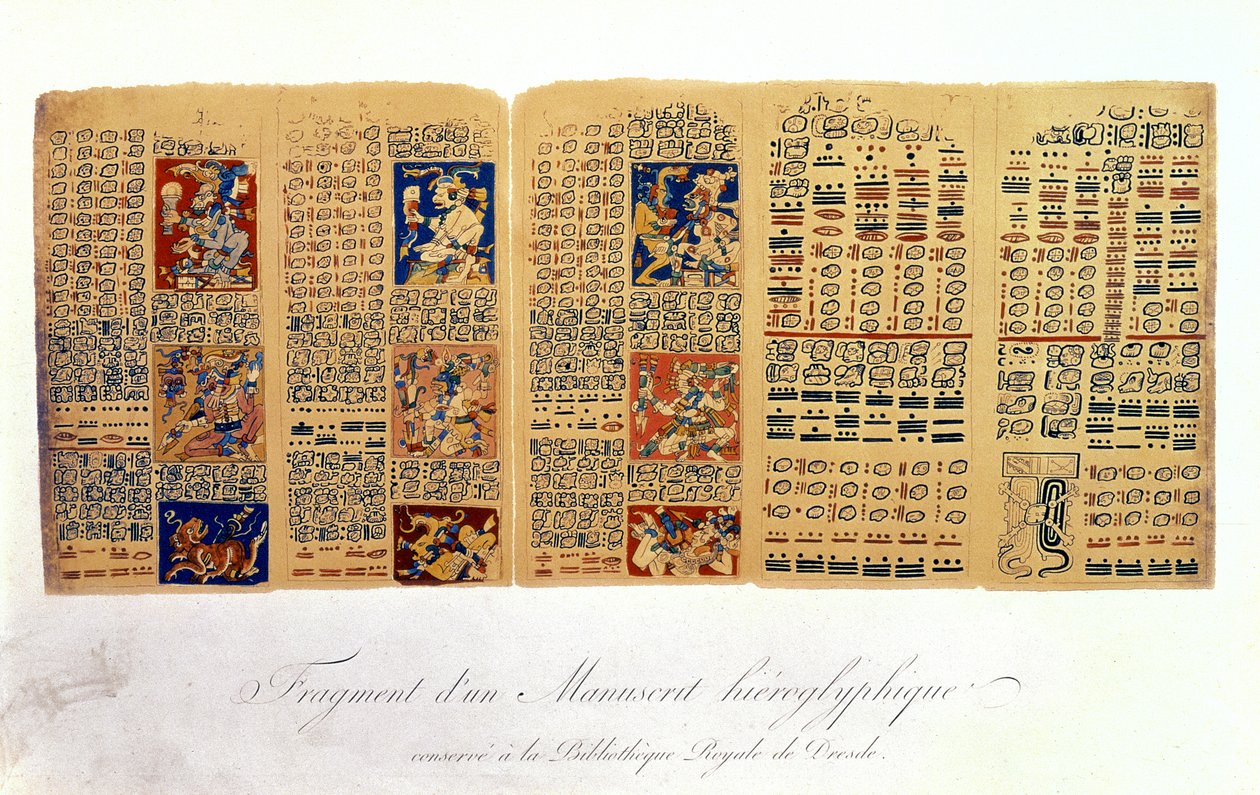 Kopia av ett fragment av Dresden Codex som visar Maya astronomiska beräkningar av Mexican School
