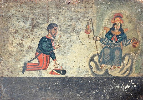Ex-voto föreställande en fransk soldat som tackar St. James of Compostela (målad metall) av Mexican School