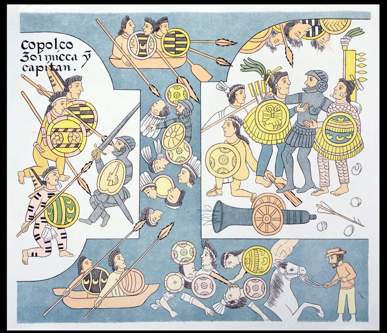 Sista striden mellan Hernando Cortes (1485-1547) och Cuauhtemoc vid Tenochtitlan, augusti 1521, illustration från en faksimil av en mexikansk indisk bildhistoria Lienzo de Tlaxcala ca 1550, 1892 (colo) av Mexican School