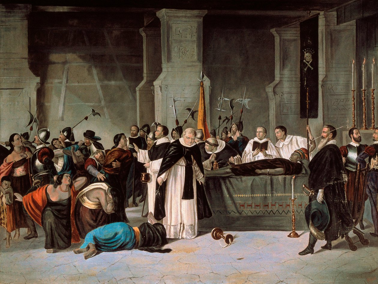 Atahualpas begravning, augusti 1533, ca 1869 (olja på duk) av Mexican School