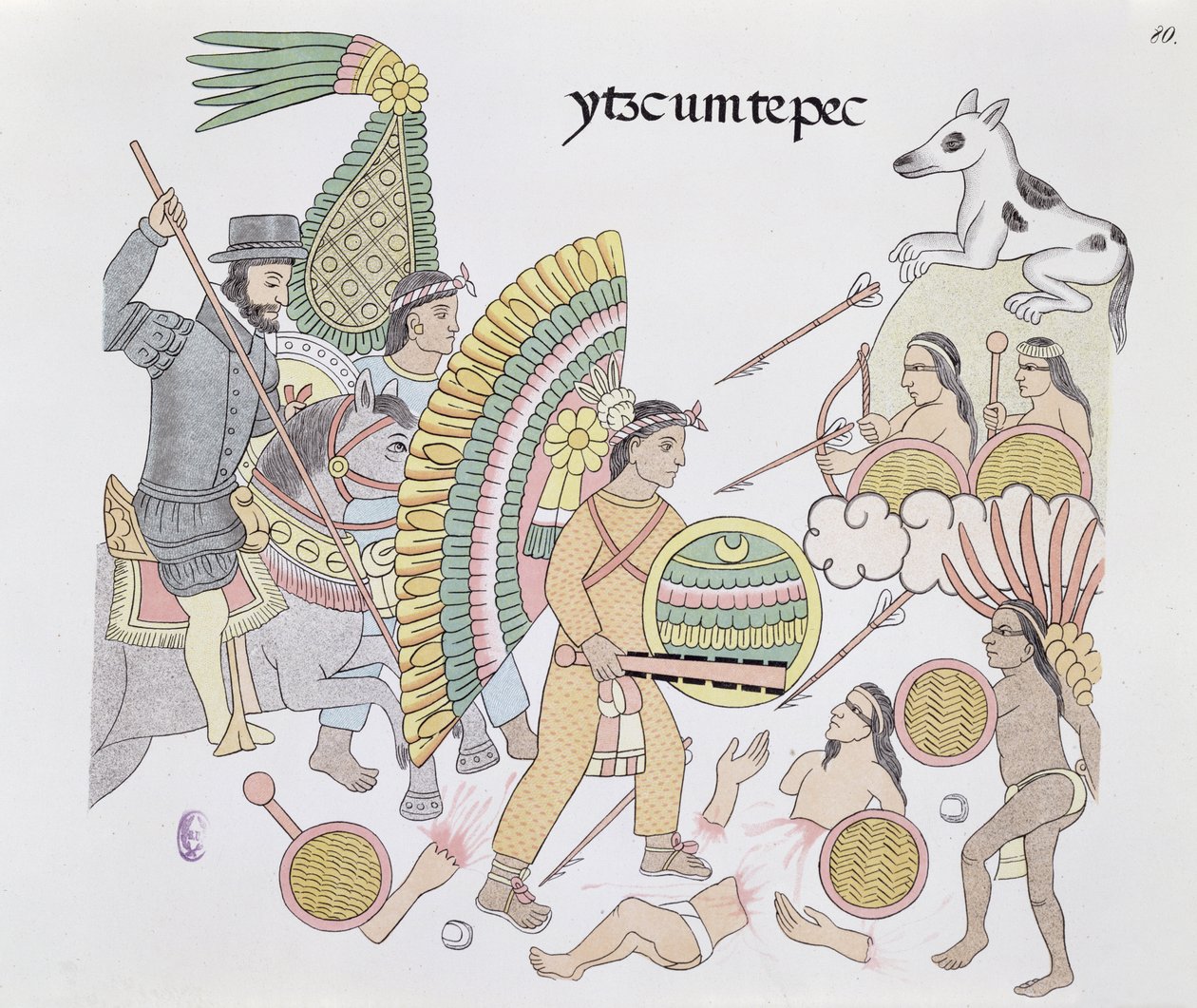 Hernando Cortes (1485-1547), under belägring vid Tenochtitlan, beslutar sig för att lämna staden, illustration från en faksimil av en mexikansk indisk bildhistoria Lienzo de Tlaxcala från ca 1550, 1892 (färg litho av Mexican School