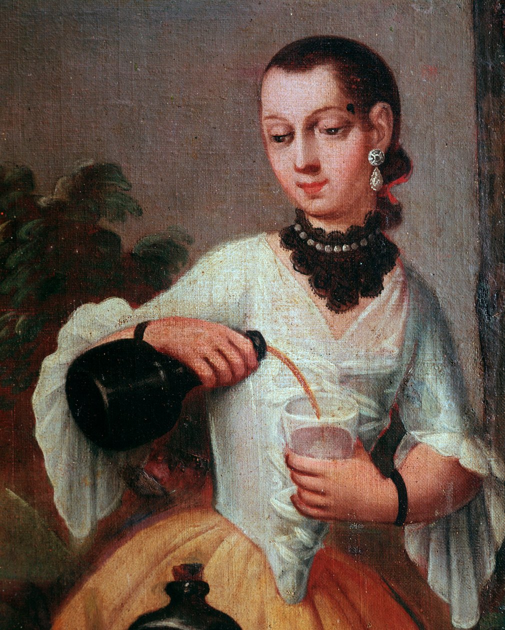 Lady häller vin i ett glas (Lady häller vin i ett glas) Skärmdetalj, målning av den mexikanska skolan av Mexican School