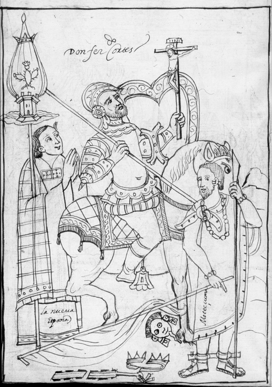 MS Hunter 242 f.246v, Cortes till häst, stående över den besegrade aztekekungen Moctezuma, illustration från Historia de Tlaxcala av Diego Munoz Camargo av Mexican School