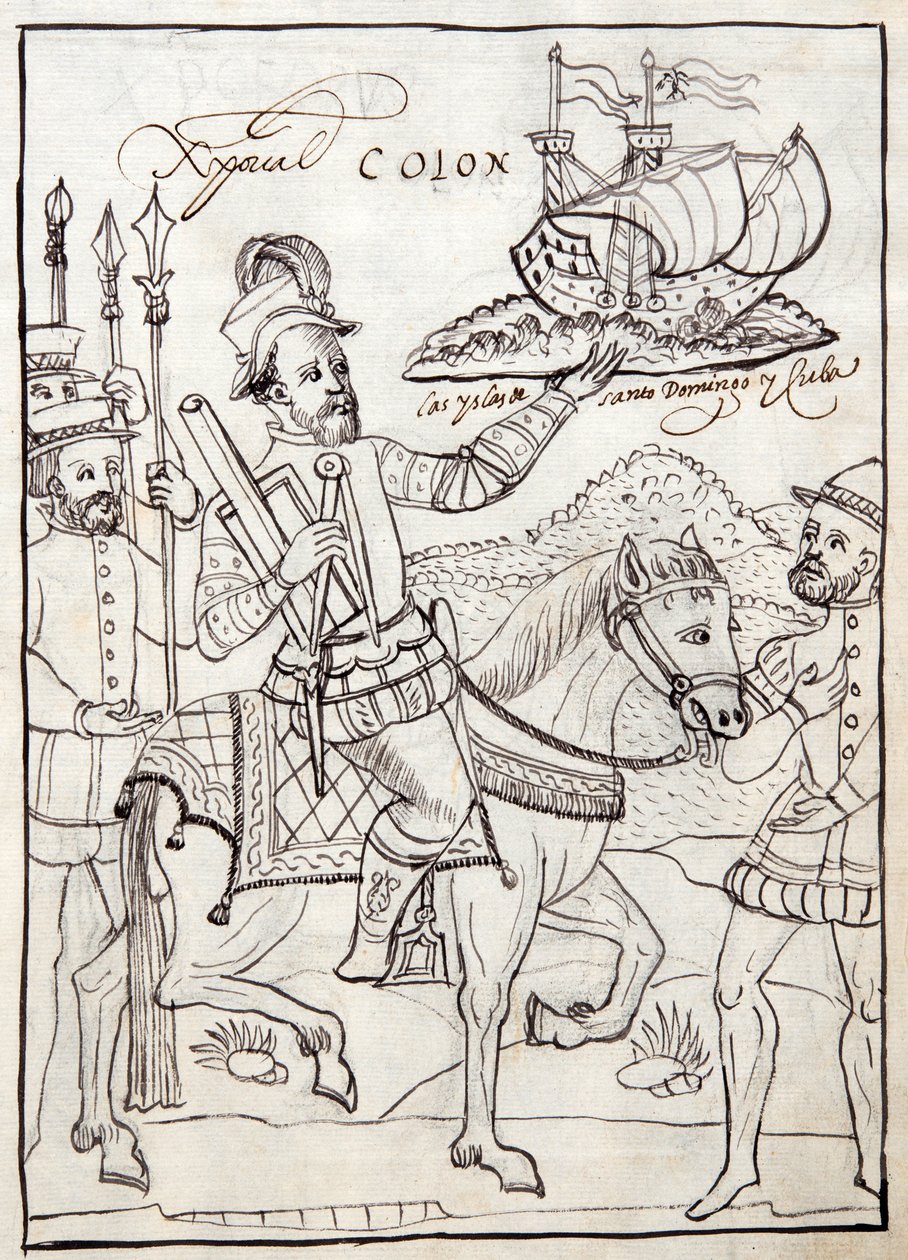 MS Hunter 242 f.247r Christopher Columbus, illustration från Historia de Tlaxcala av Diego Munoz Camargo av Mexican School