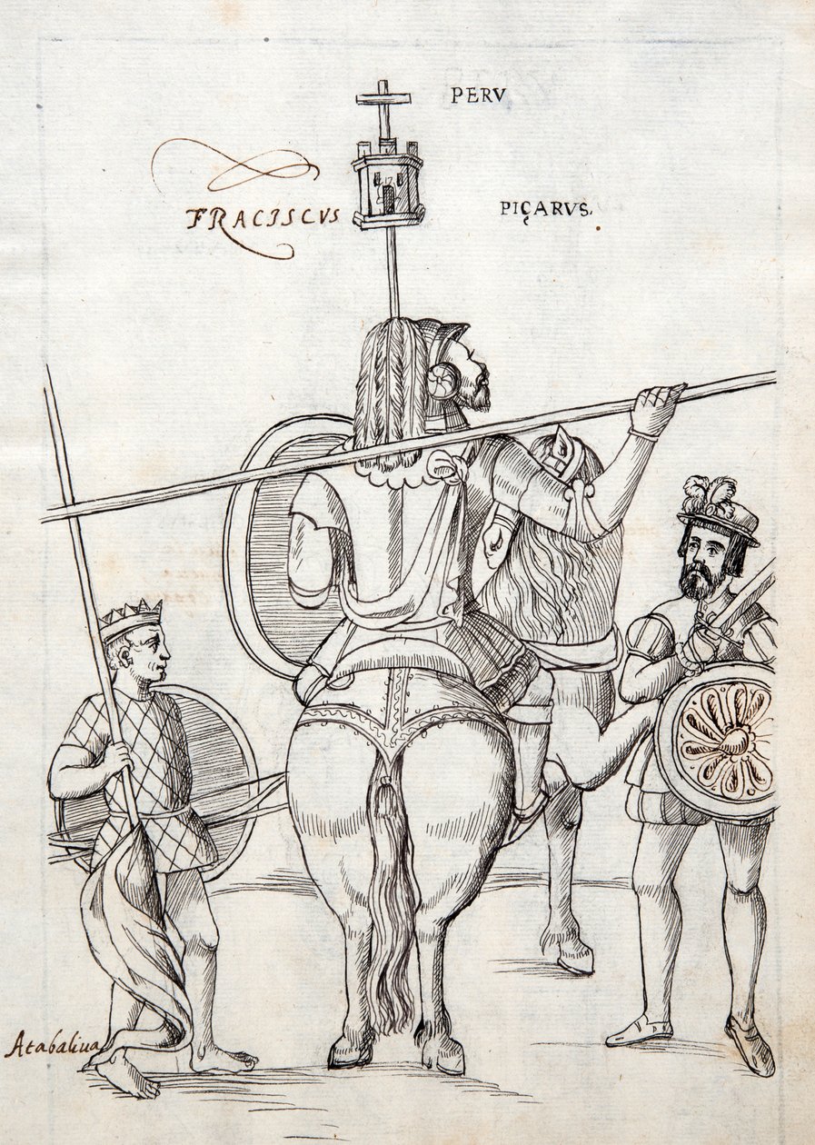 MS Hunter 242 f.248r Picarus, eller Pizarro, och krigshäst, illustration från Historia de Tlaxcala av Diego Munoz Camargo av Mexican School