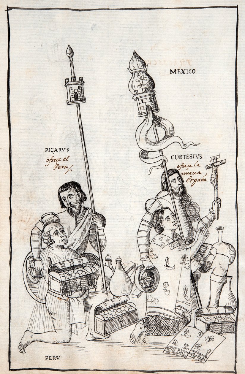 MS Hunter 242 f.248v Picarus (Pizarro) presenterar Peru och Cortesius (Cortes) Nueva Espana, illustration från Historia de Tlaxcala av Diego Munoz Camargo av Mexican School