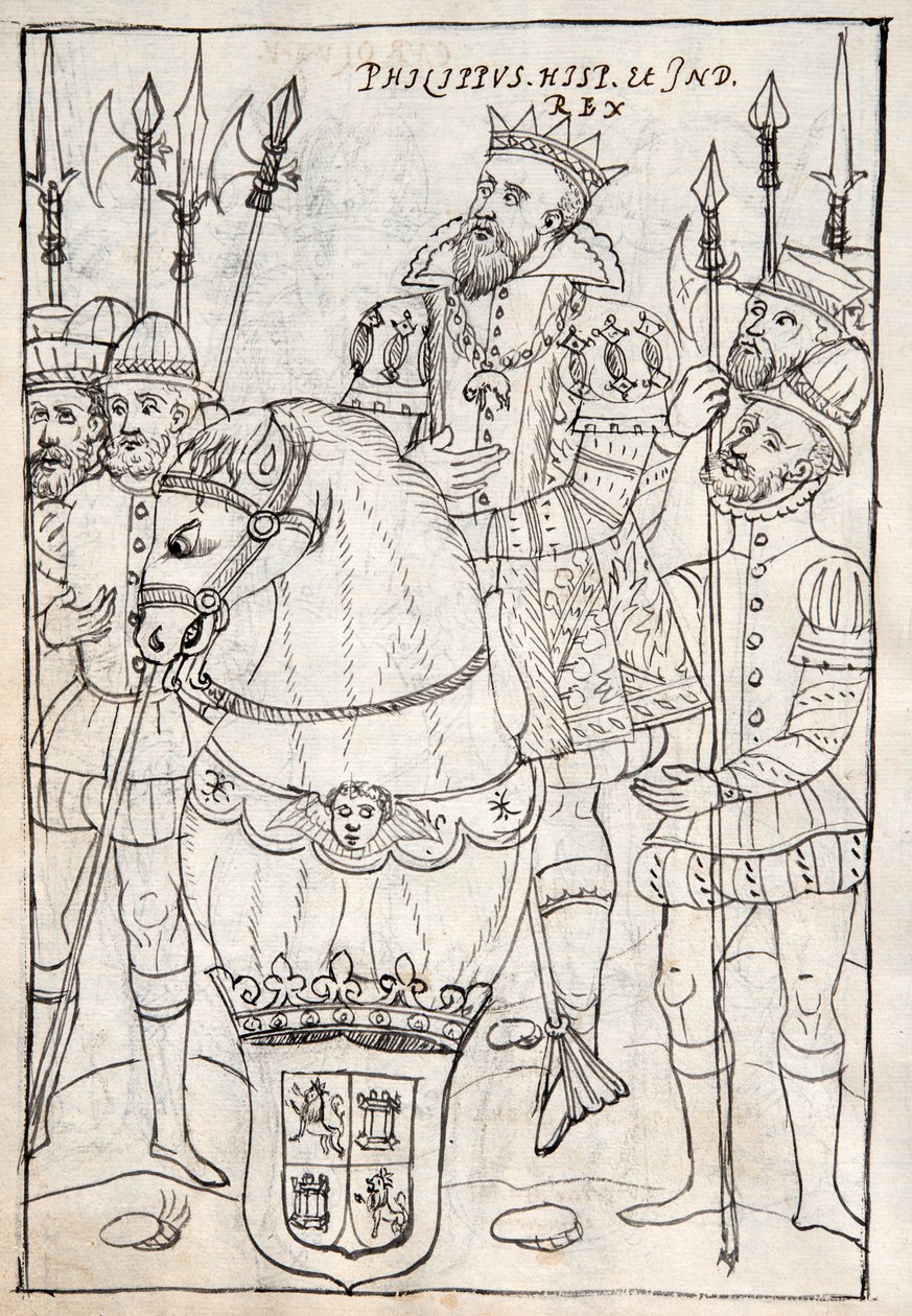 MS Hunter 242 f.249v Philip II sittande på hästryggen, iklädd det gyllene skinnet, omgiven av krigsmän, illustration från Historia de Tlaxcala av Diego Munoz Camargo (penna och bläck av Mexican School