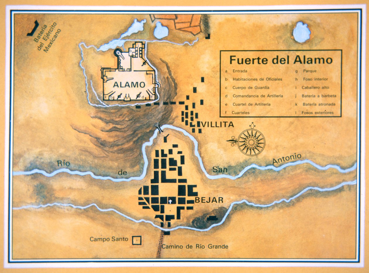 Karta över Alamo-området i San Antonio baserad på Santa Annas ursprungliga slagfältskarta av Mexican School