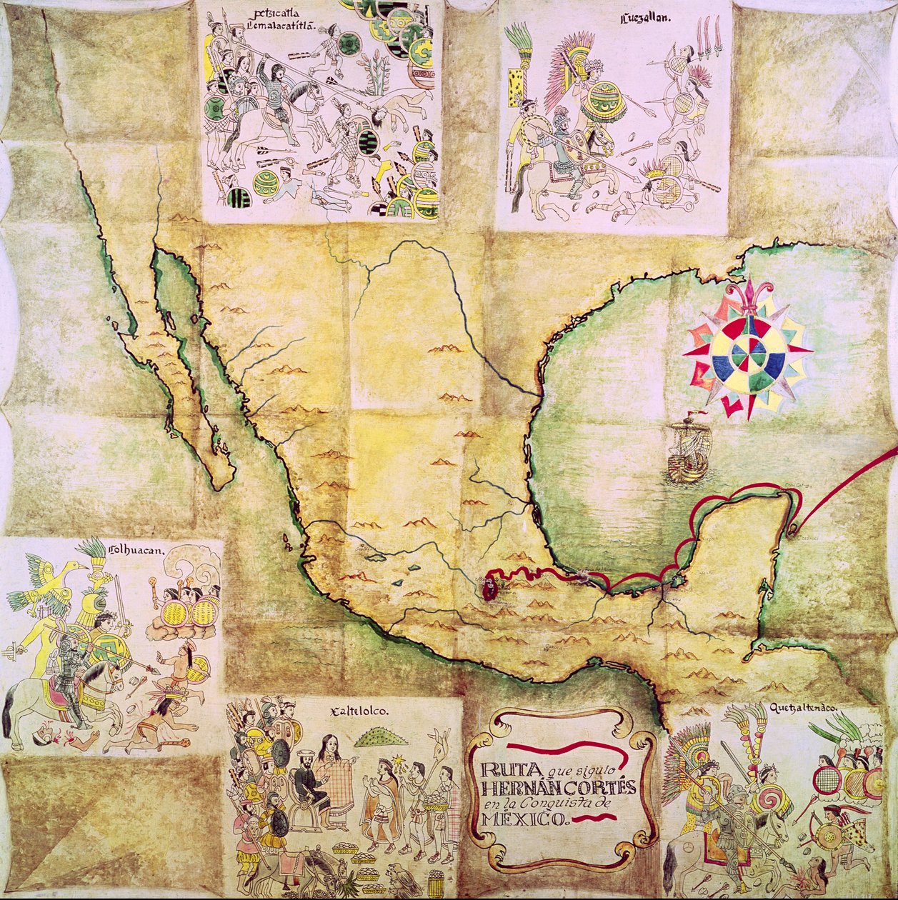 Karta över rutten som följdes av Hernando Cortes (1485-1547) under erövringen av Mexiko av Mexican School
