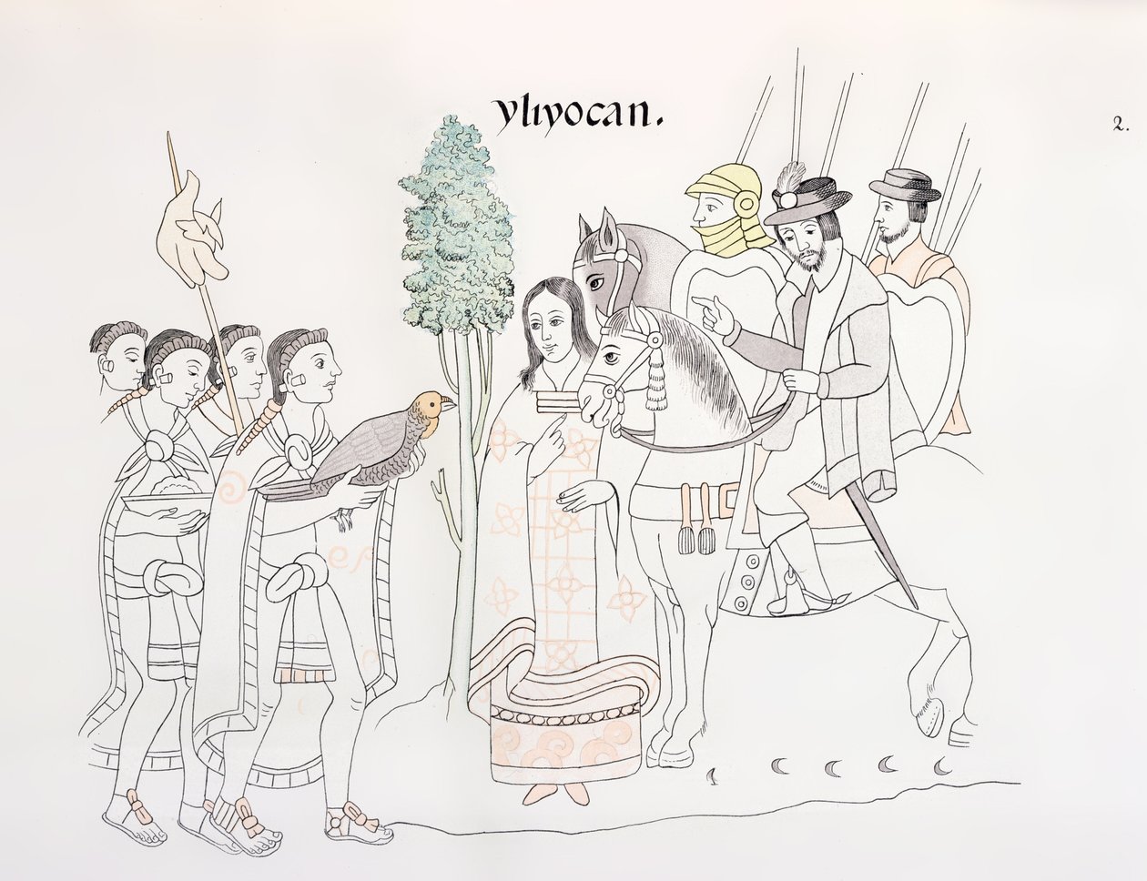 Möte mellan Hernando Cortes (1485-1547) och aztekerna, illustration från en faksimil av en mexikansk indisk bildhistoria Lienzo de Tlaxcala från ca 1550, 1892 av Mexican School